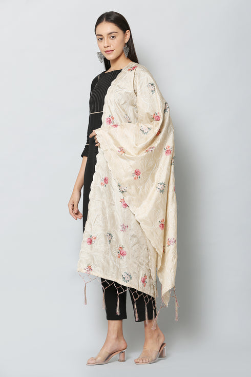 Women Art Silk Embroidery Cream Digital Printed Dupatta