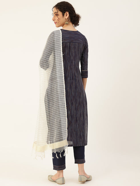 Navy Blue Cotton Blend Straight Kurta Suit Set
