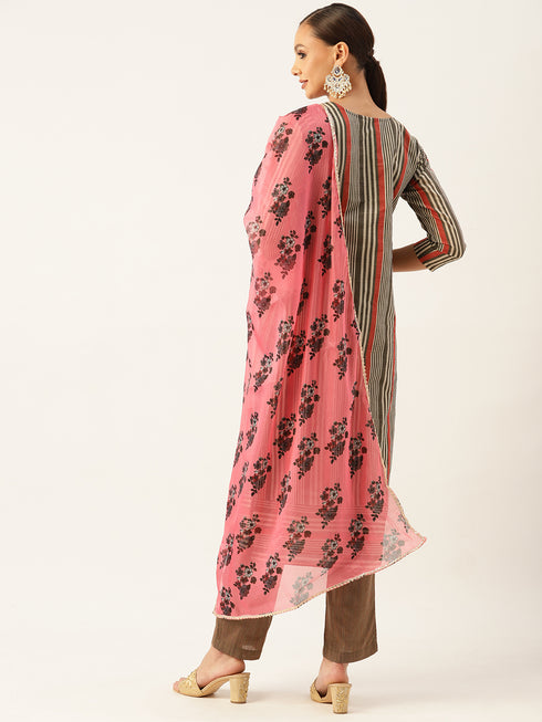 Grey Striped Chanderi Silk Kurta Suit Set