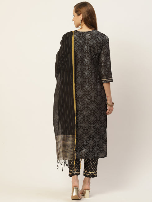 Black Crepe Silk Gold Printed Straight Kurta Suit Set