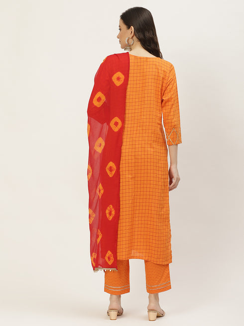 Cotton Orange Chex Embroidered Kurta Suit Set