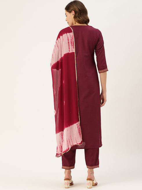 Wine Panelled Straight Cotton Kurta Suit Set