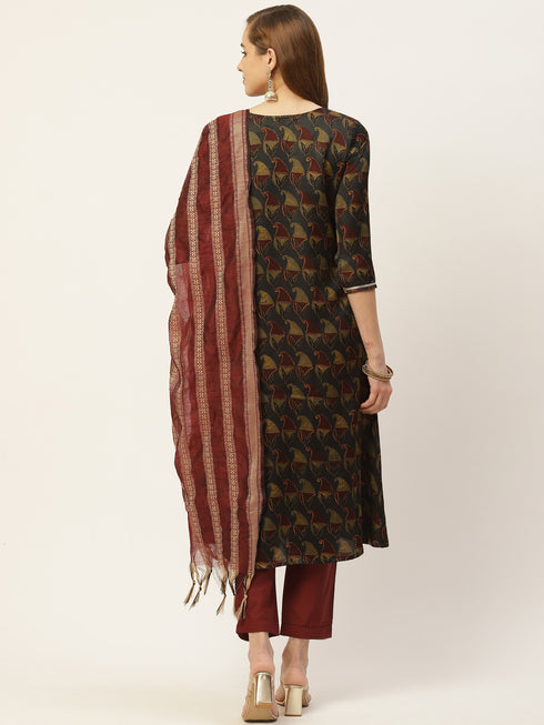 Dark Grey Satin Straight Printed Kurta Suit Set