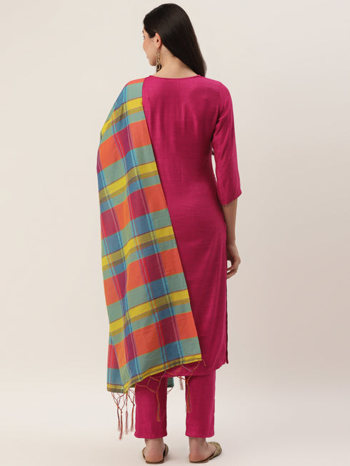 Pink Rayon Straight Embroidered Kurta Pant Set
