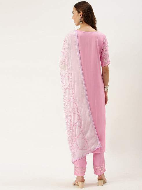 Embroidery Straight Pink Kurta, Pant with dupatta set