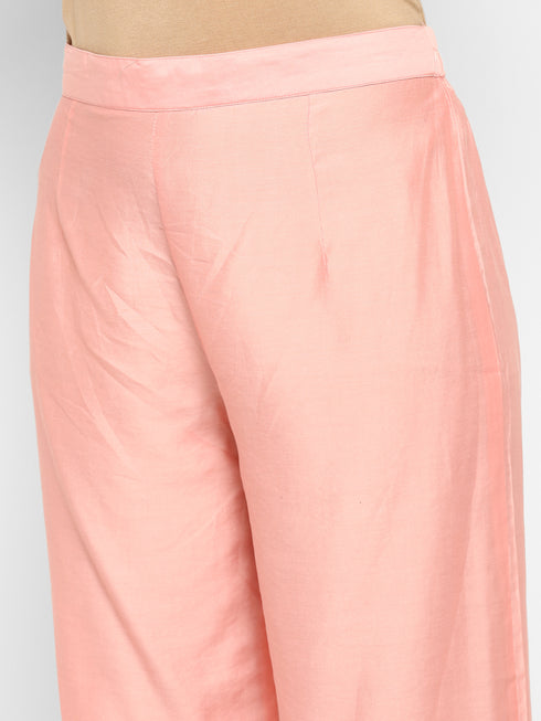 Women Pink Straight Chanderi Silk Kurta with Palazzos & Dupatta