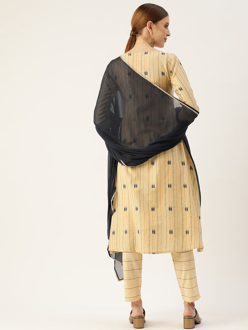 Ikat Yellow Cotton Embroidered Thread Work A-Line Kurta Suit Set