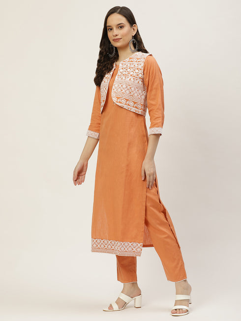 Embroidery Orange Kurta set with Koti