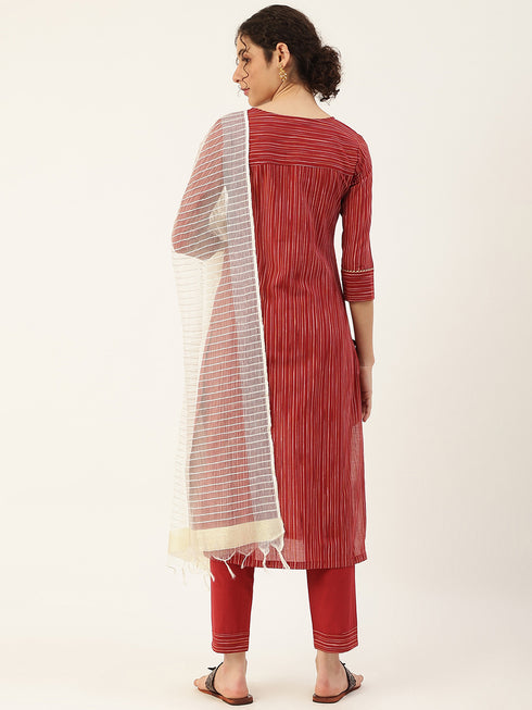 Red Cotton Blend Straight Kurta Suit Set