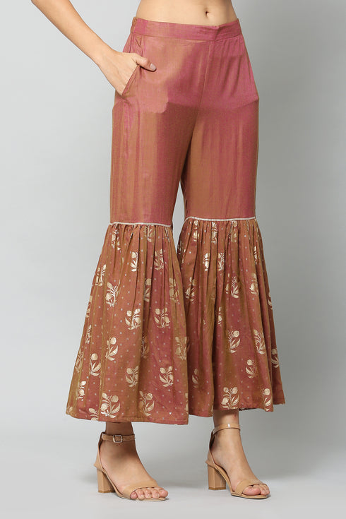 Foil Printed Brown Straight Kurta, Sharara with dupatta