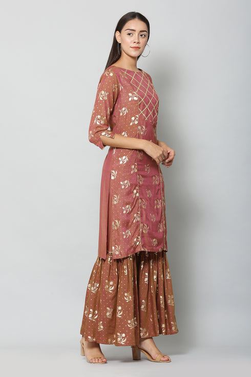 Foil Printed Brown Straight Kurta, Sharara with dupatta