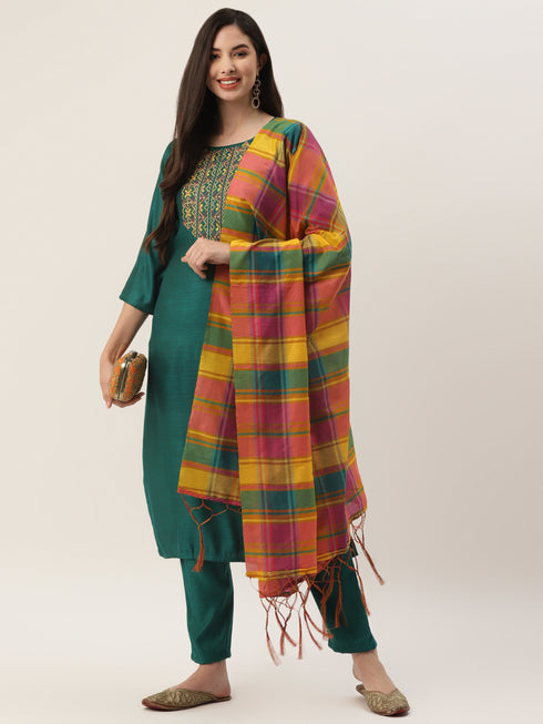 Green Rayon Straight Embroidered Kurta Pant Set