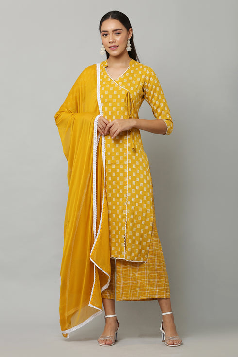 Yellow Rayon V-Neck Straight Kurta Suit Set