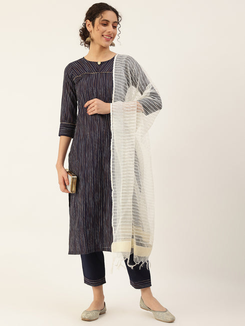 Navy Blue Cotton Blend Straight Kurta Suit Set