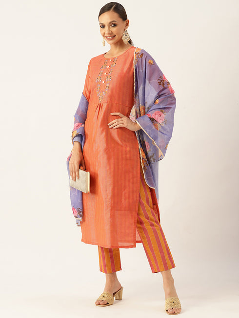 Rust Striped Work Chanderi Silk Kurta Suit Set