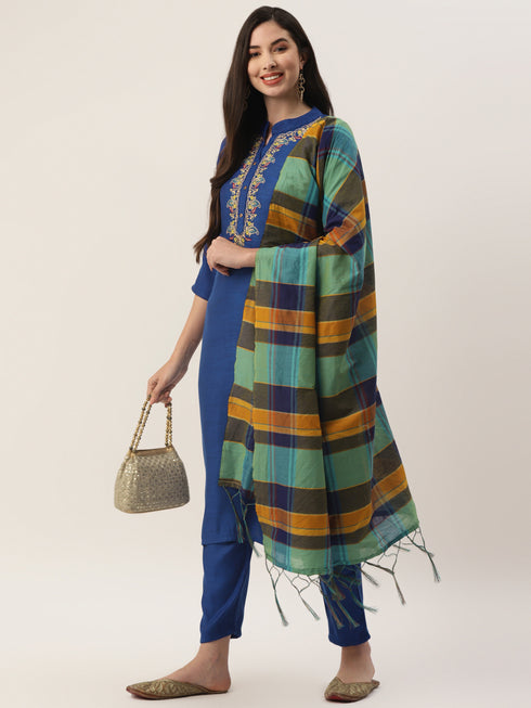 Royal Blue Rayon Straight Embroidered Kurta Pant Set