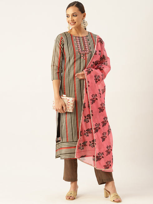 Grey Striped Chanderi Silk Kurta Suit Set