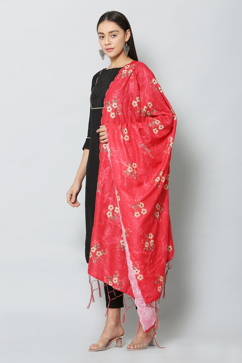 Women Art Muslin Embroidery Red Digital Printed Dupatta