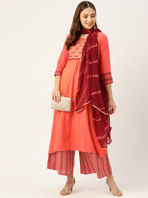 Embroidery Kurta and Palazzo Set Rayon (Orange)
