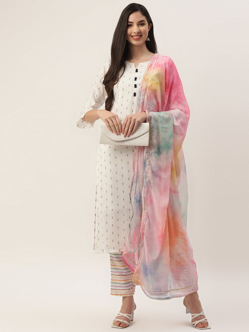 Women's Cotton Blend Self Design Straight Kurta Suit Set