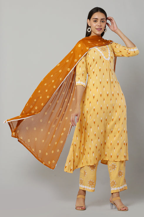 Yellow Rayon Straight Printed Kurta Suit Set