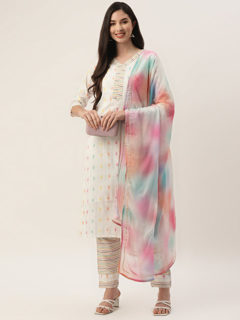 Women's Cotton Blend Self Design Straight Kurta Suit Set