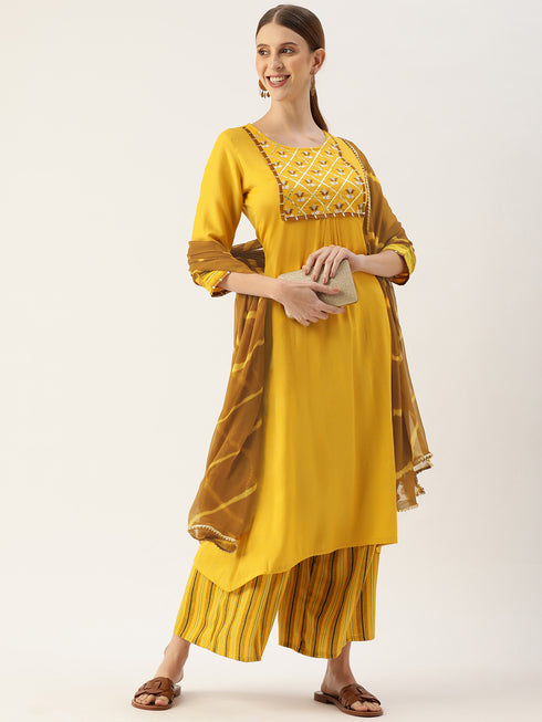 Embroidery Kurta and Palazzo Set Rayon (Mustard)