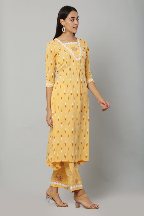 Yellow Rayon Straight Printed Kurta Suit Set