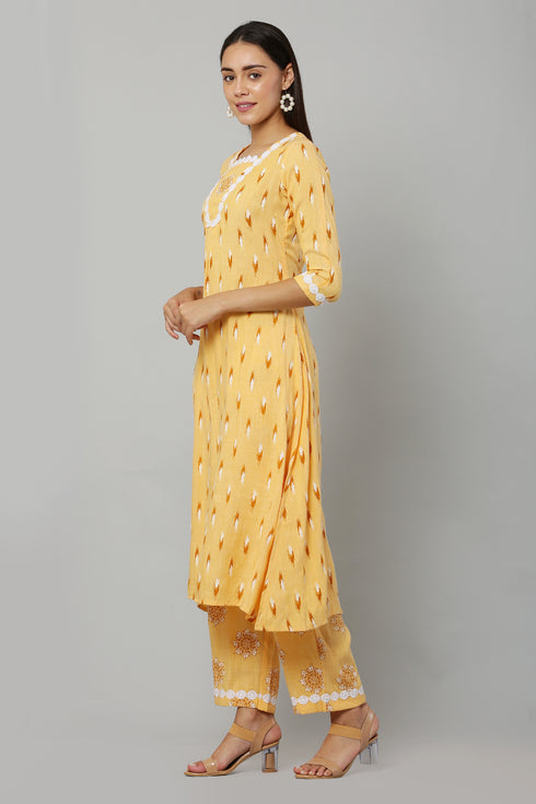 Yellow Rayon Straight Printed Kurta Suit Set