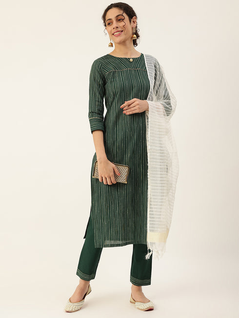 Green Cotton Blend Straight Kurta Suit Set