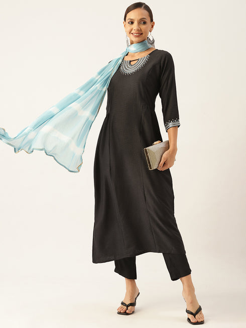 Black Silk Embroidered Sequined Straight Kurta Suit Set