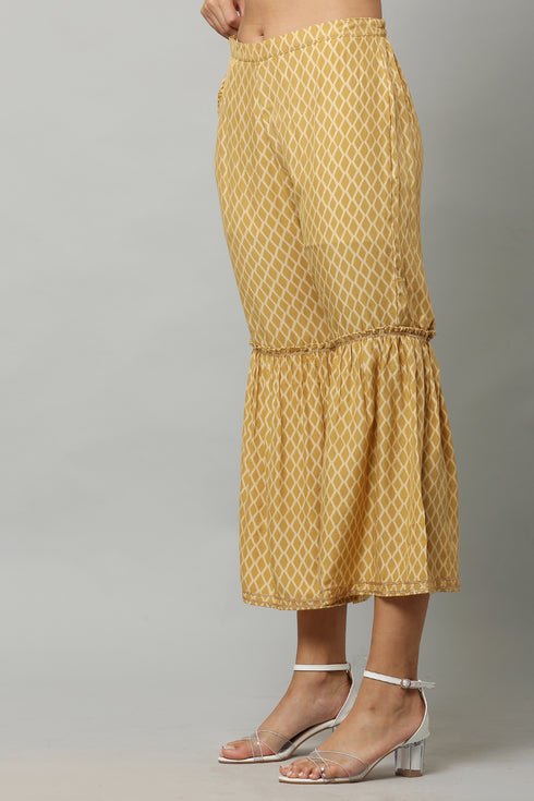 Muslin Foil Printed Mustard Kurta Sharara With Dupatta