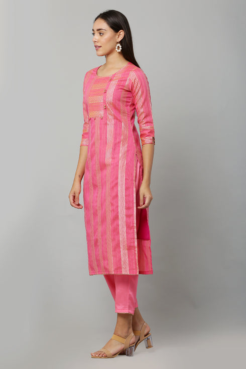 Pink Rayon Jari Stipe Kurta Pant Set