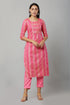 Pink Rayon Jari Stipe Kurta Pant Set