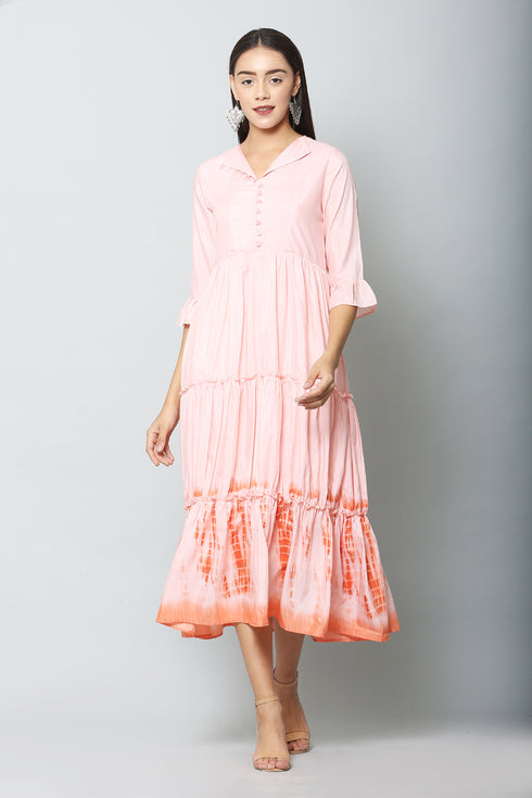 Women Foil Printed Pink Casual Maxi Style Dress