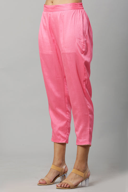 Pink Rayon Jari Stipe Kurta Pant Set