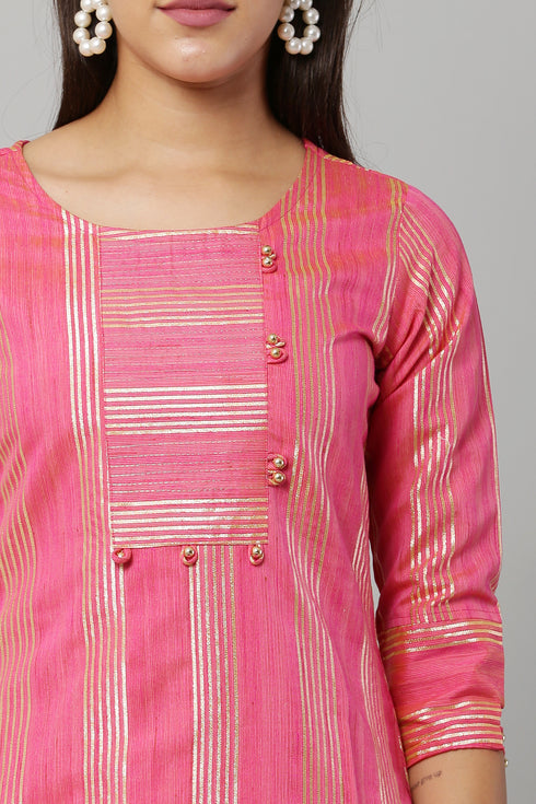 Pink Rayon Jari Stipe Kurta Pant Set