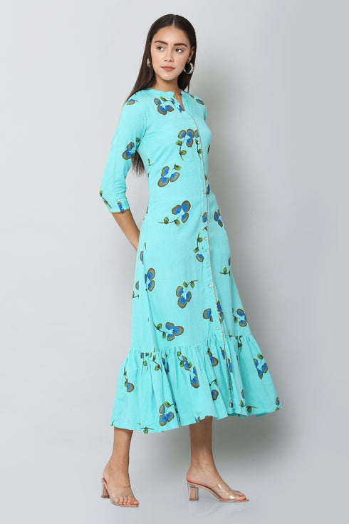 Women Foil Printed Blue Casual Daily Wear Flared Kurta