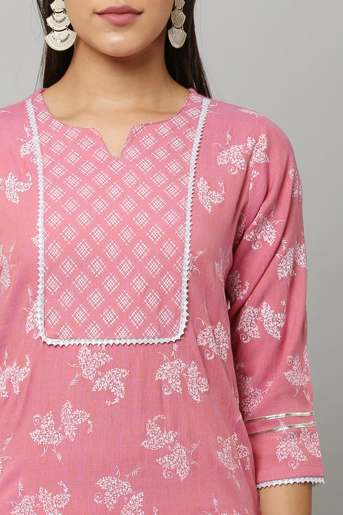 Pink Rayon Printed Straight Kurta Suit Set