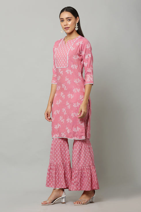 Pink Rayon Printed Straight Kurta Suit Set
