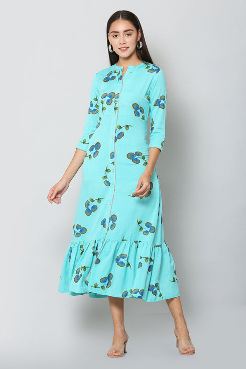 Women Foil Printed Blue Casual Daily Wear Flared Kurta