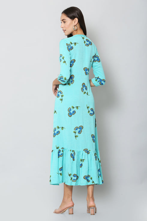 Women Foil Printed Blue Casual Daily Wear Flared Kurta