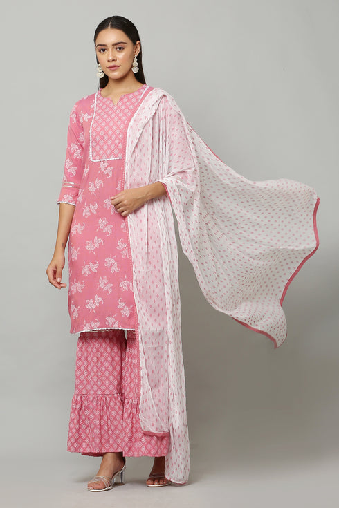 Pink Rayon Printed Straight Kurta Suit Set