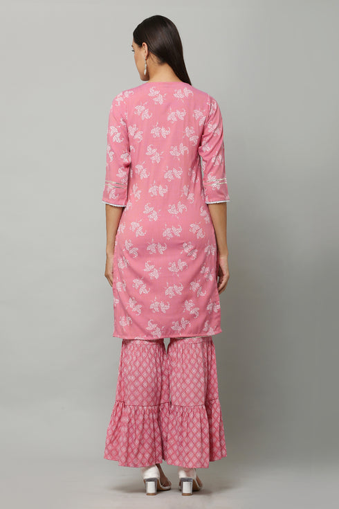 Pink Rayon Printed Straight Kurta Suit Set