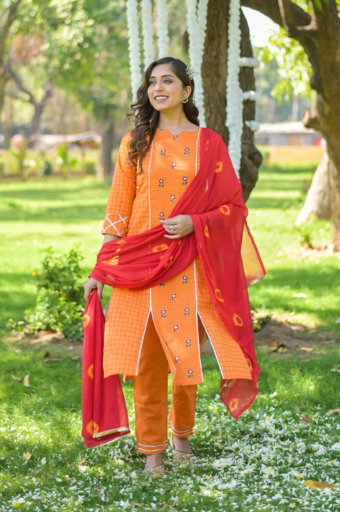 Cotton Orange Chex Embroidered Kurta Suit Set