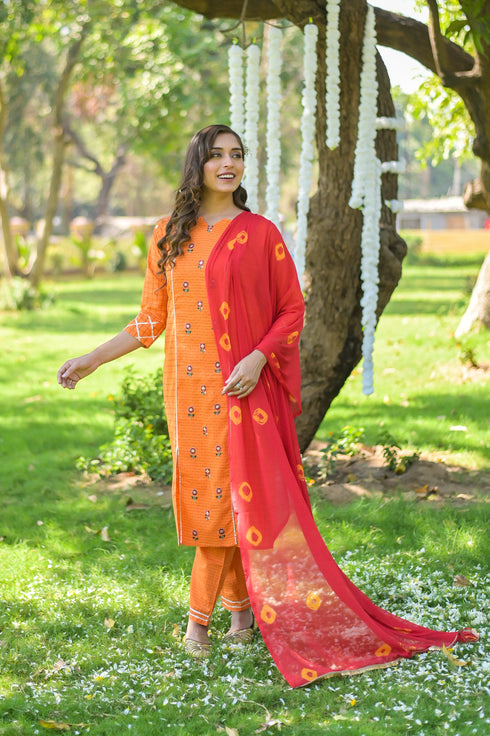 Cotton Orange Chex Embroidered Kurta Suit Set