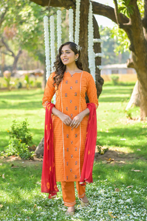 Cotton Orange Chex Embroidered Kurta Suit Set