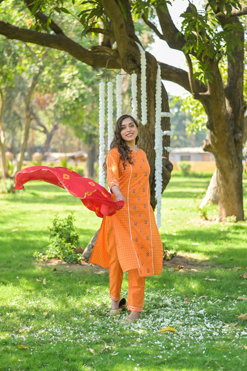 Cotton Orange Chex Embroidered Kurta Suit Set
