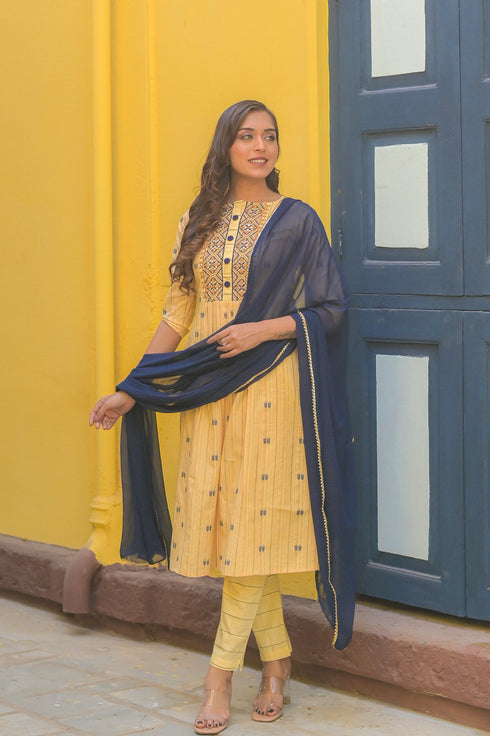 Ikat Yellow Cotton Embroidered Thread Work A-Line Kurta Suit Set