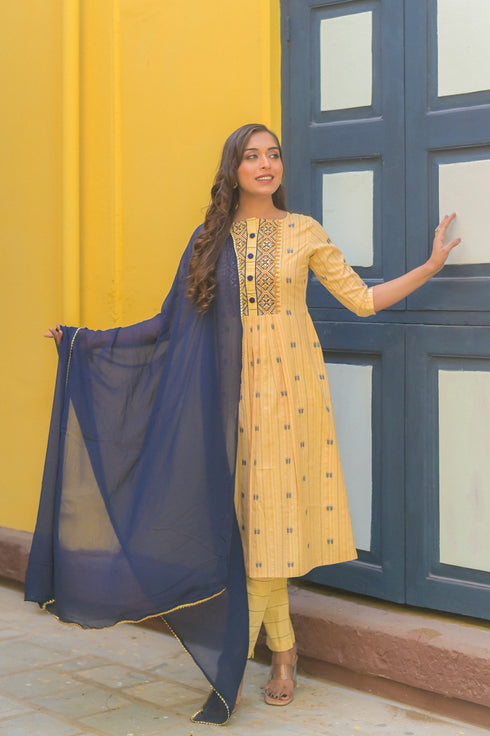 Ikat Yellow Cotton Embroidered Thread Work A-Line Kurta Suit Set